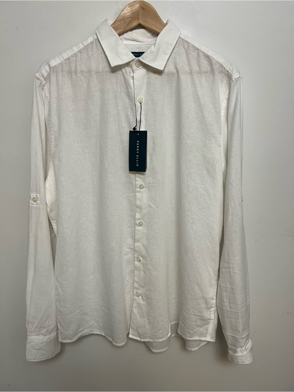 Perry Ellis Men's Linen-Blend Button-Down Shirt - Bright White - Size L - NWT